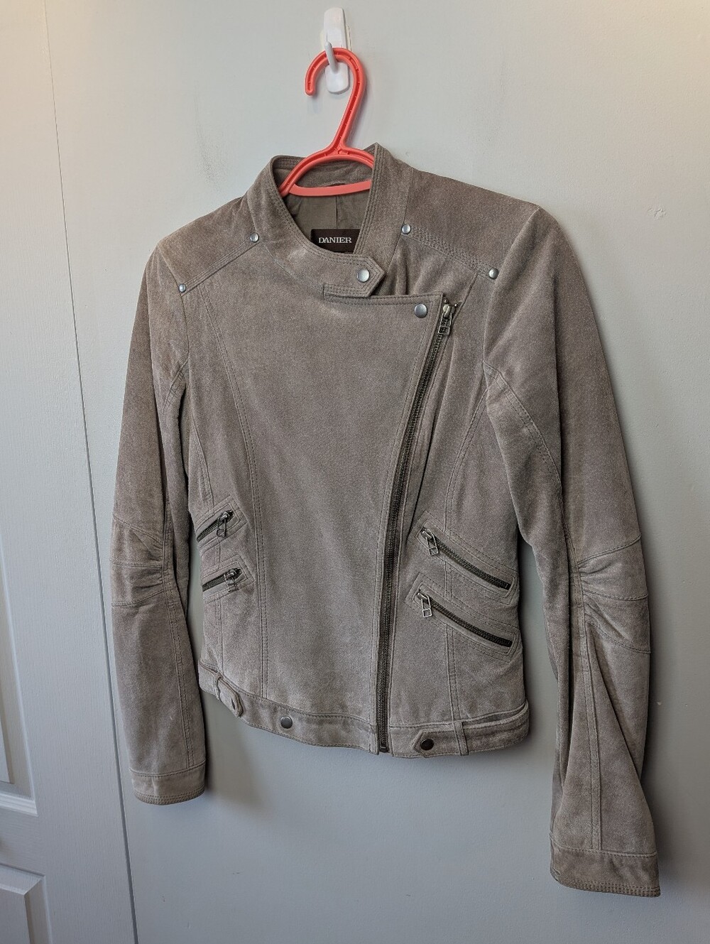 DANIER Beige Women Coat 100% Suede Zipper Closure Bikercore Style Size 2XS